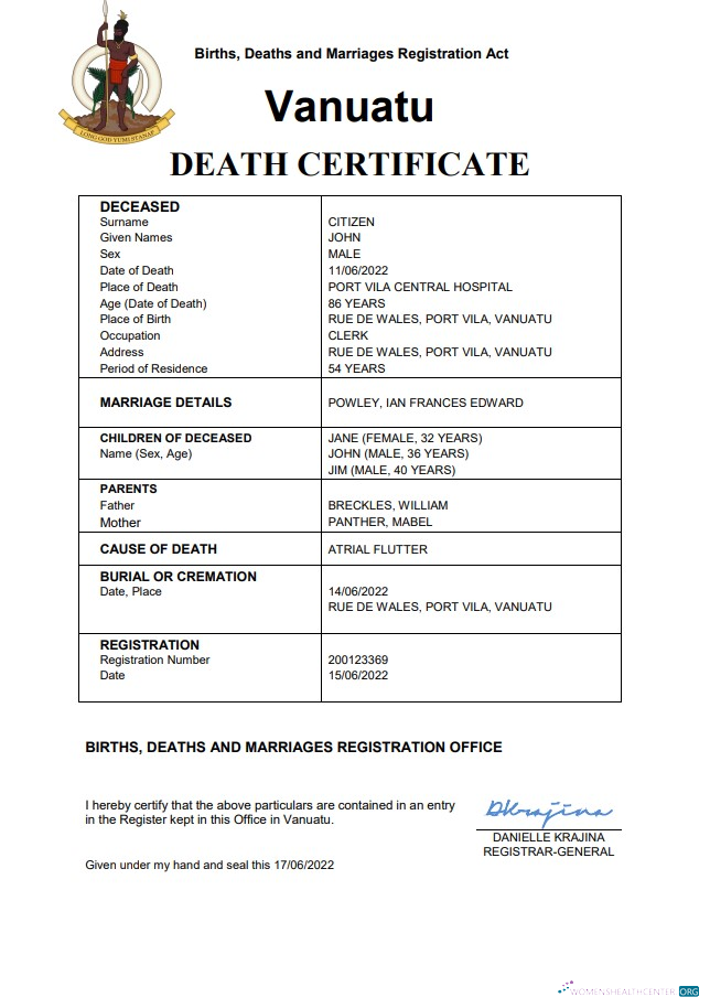 Download Vanuatu death certificate Word and PDF template Photoshop template